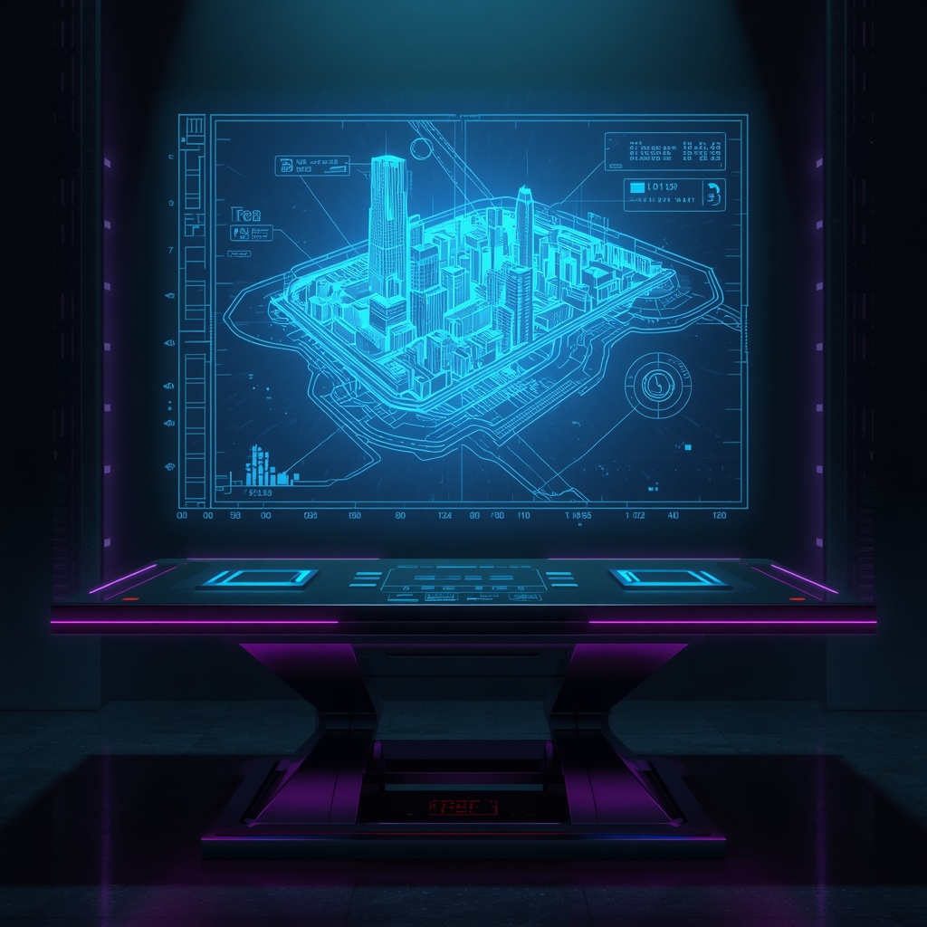 A futuristic holographic city blueprint projected above a dark metallic table, neon blue and purple accents, sci-fi concept art.